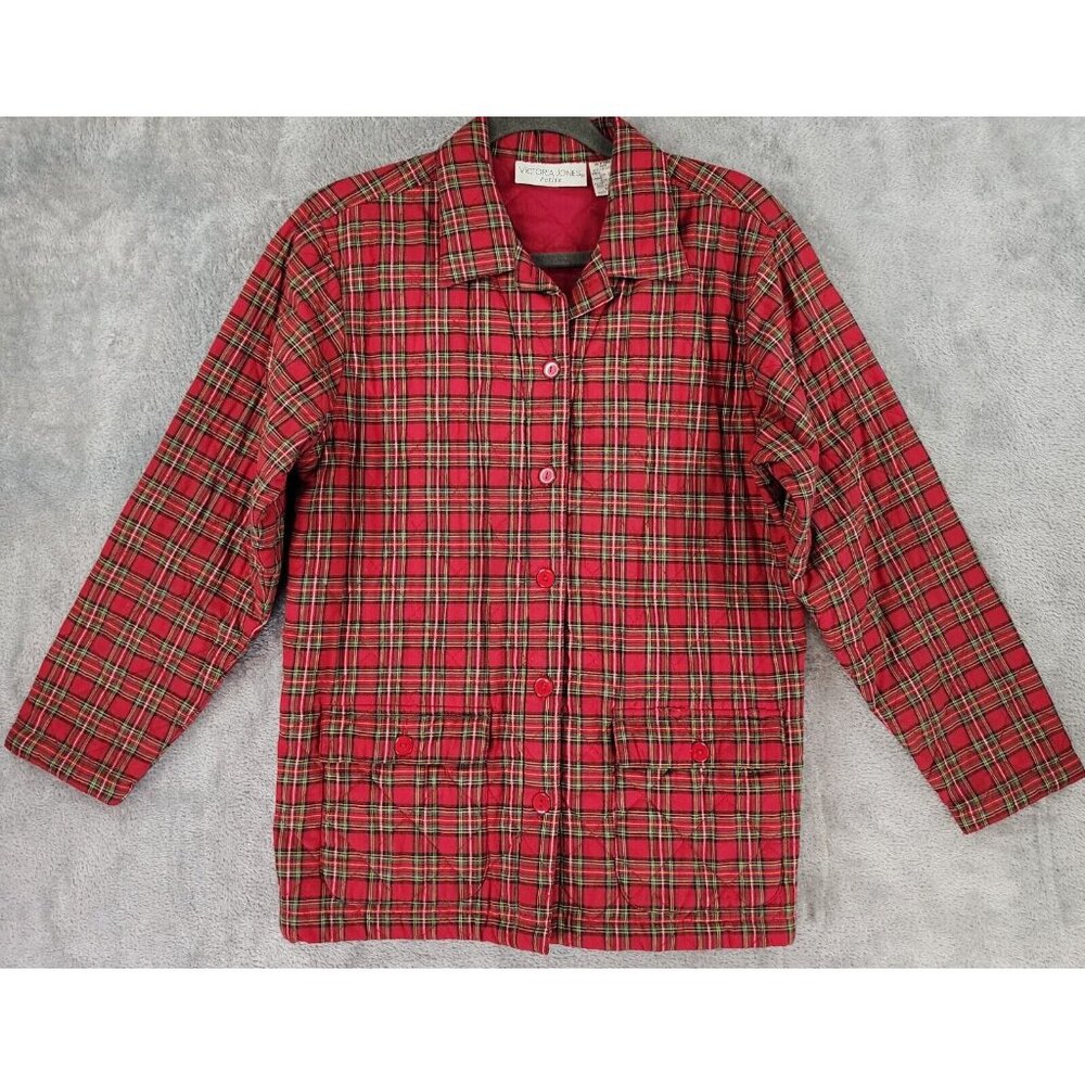 Victoria Jones Jacket Womens Petite Medium Red Plaid Quilted Vintage Button Up